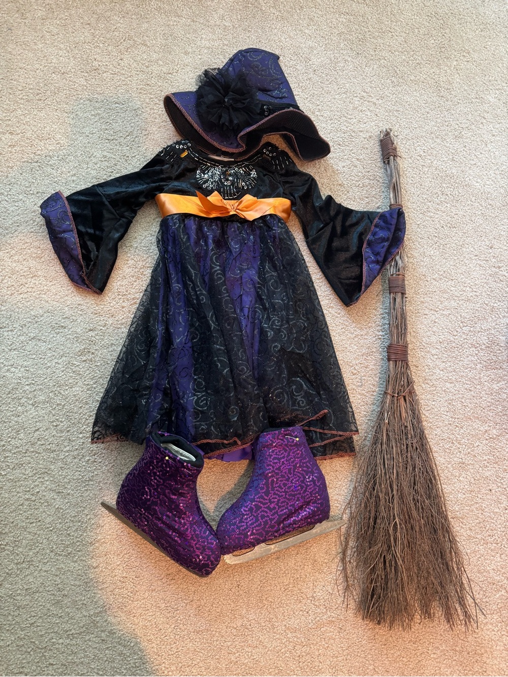Girls Purple and Black Witch Costume Dress with Orange Sash